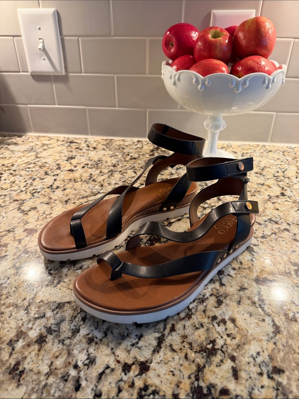 Franco Sarto Black and Brown Ankle-Strap Sandals